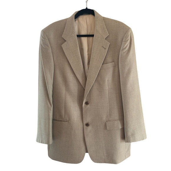 Palm Beach Houndstooth Mens Beige Blazer Silk Wool Blend Sport Coat‎ Jacket 42L - Picture 1 of 11